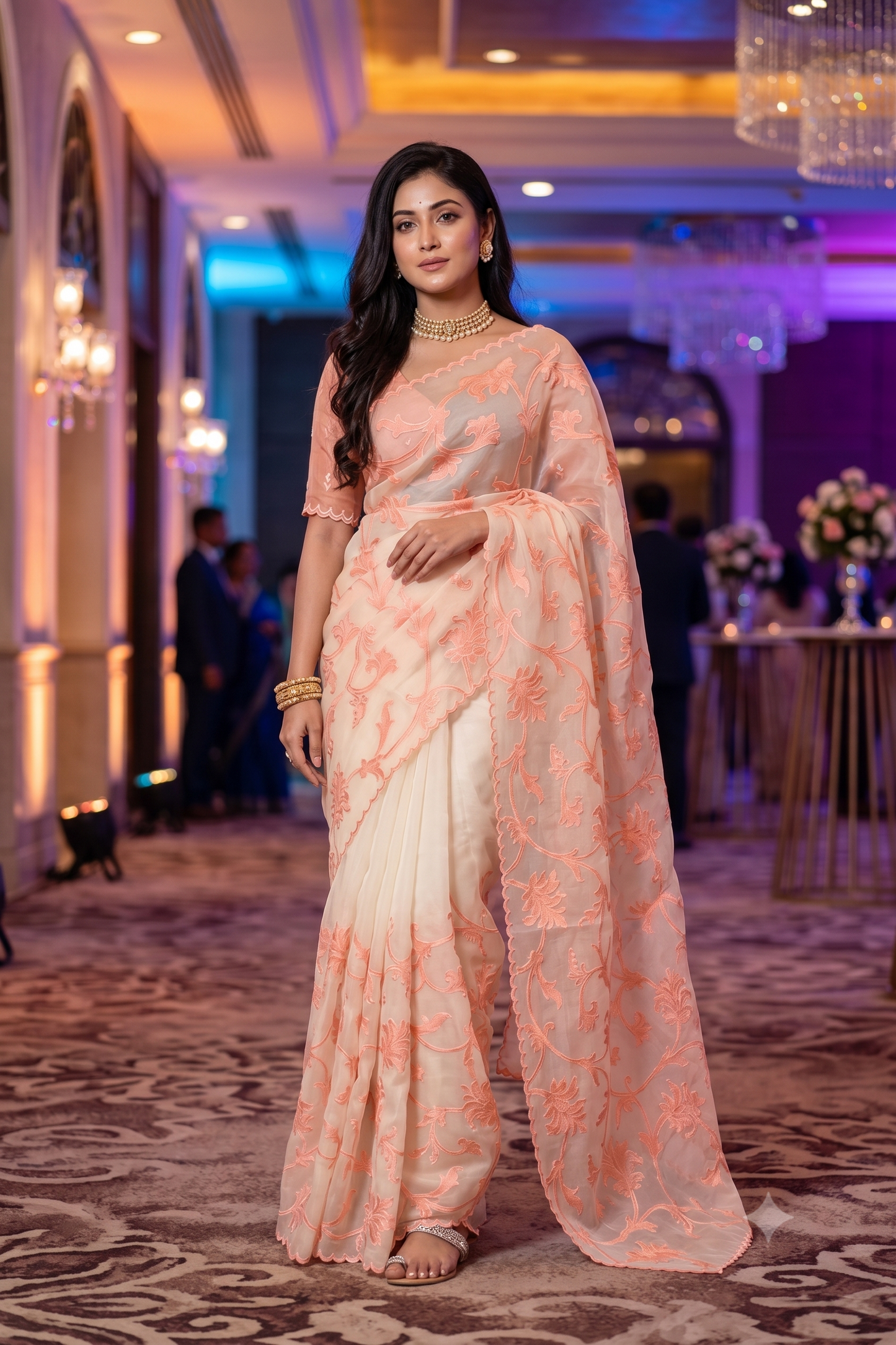 Off-White & Peach Organza Saree With Appliqué Work, With One Unstitched Blouse