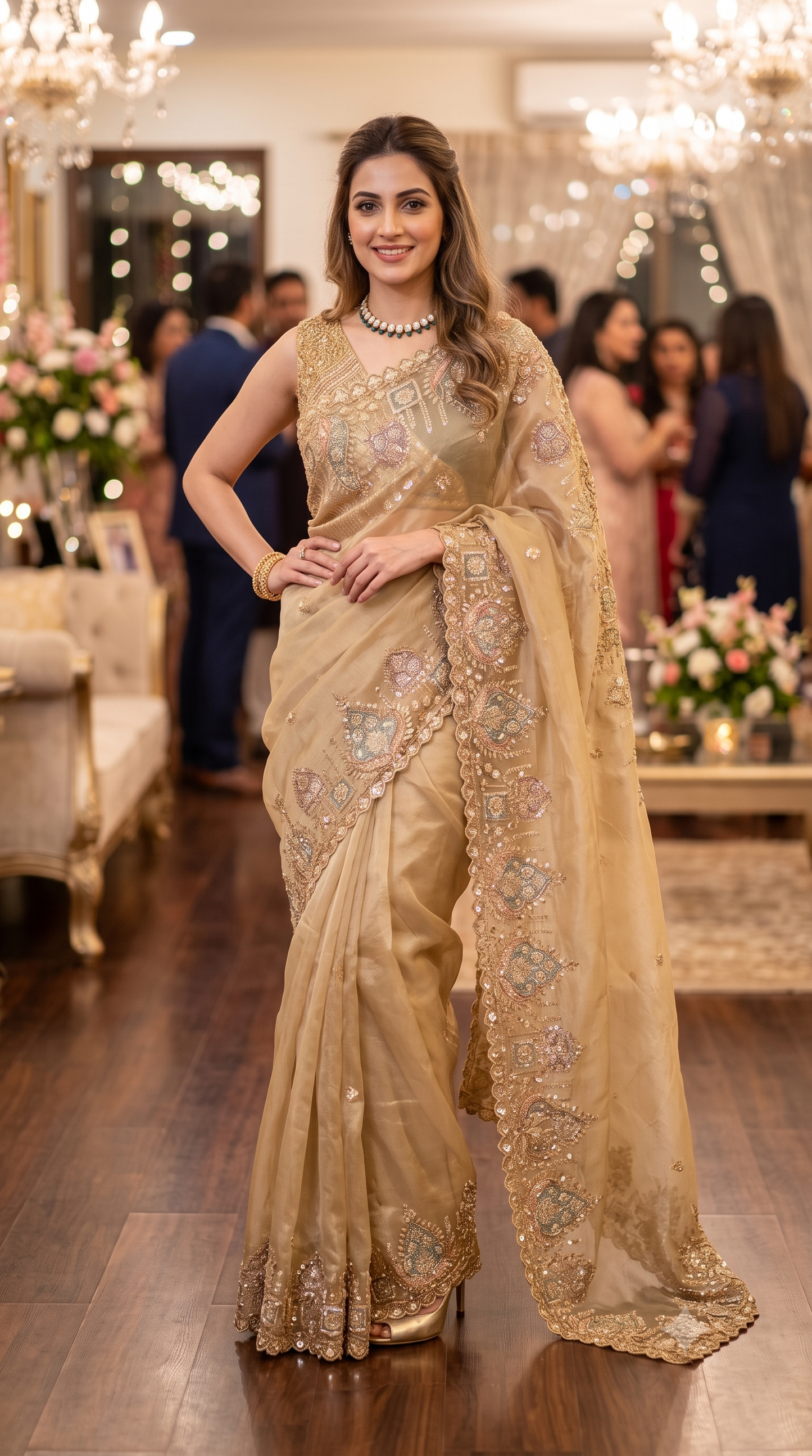 Golden Beige Soft Tissue Organza Silk Embroidery Saree, With Unstiched Blouse