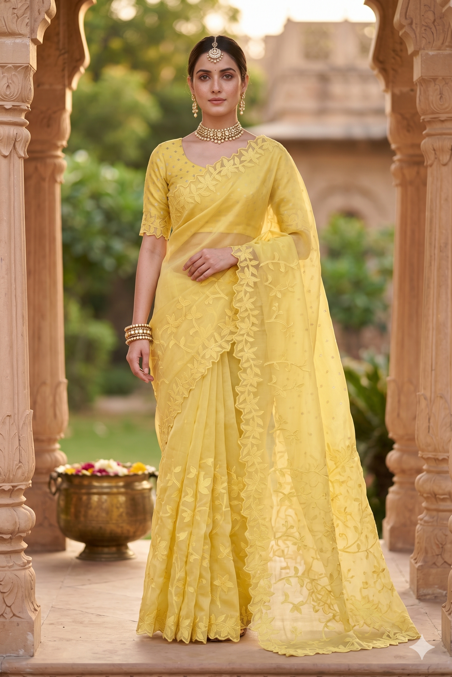 Yellow Organza Saree With Appliqué Work Border, With Unstitched Blouse