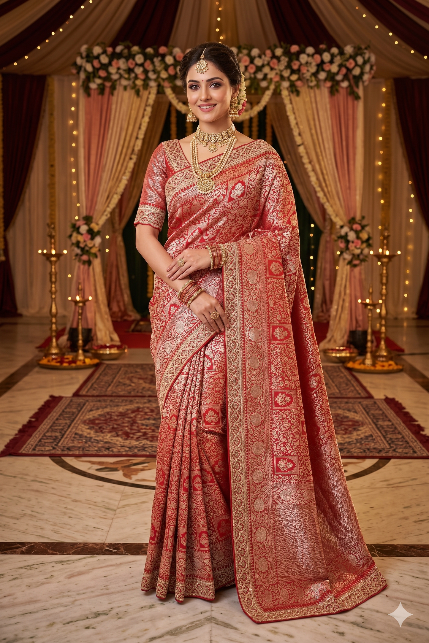 Red Banarasi Silk Saree With Zardosi Embroidery Work, With Unstiched Blouse