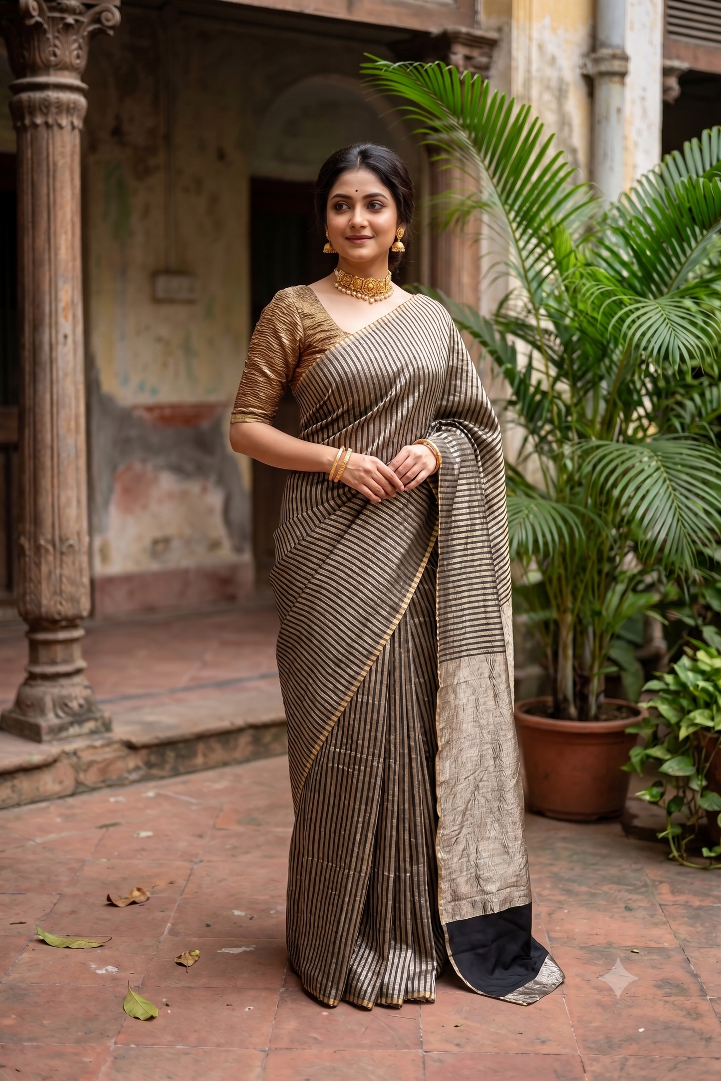 Grey Black Zari Stripe Munga Borderless Saree, With Unstiched Blouse