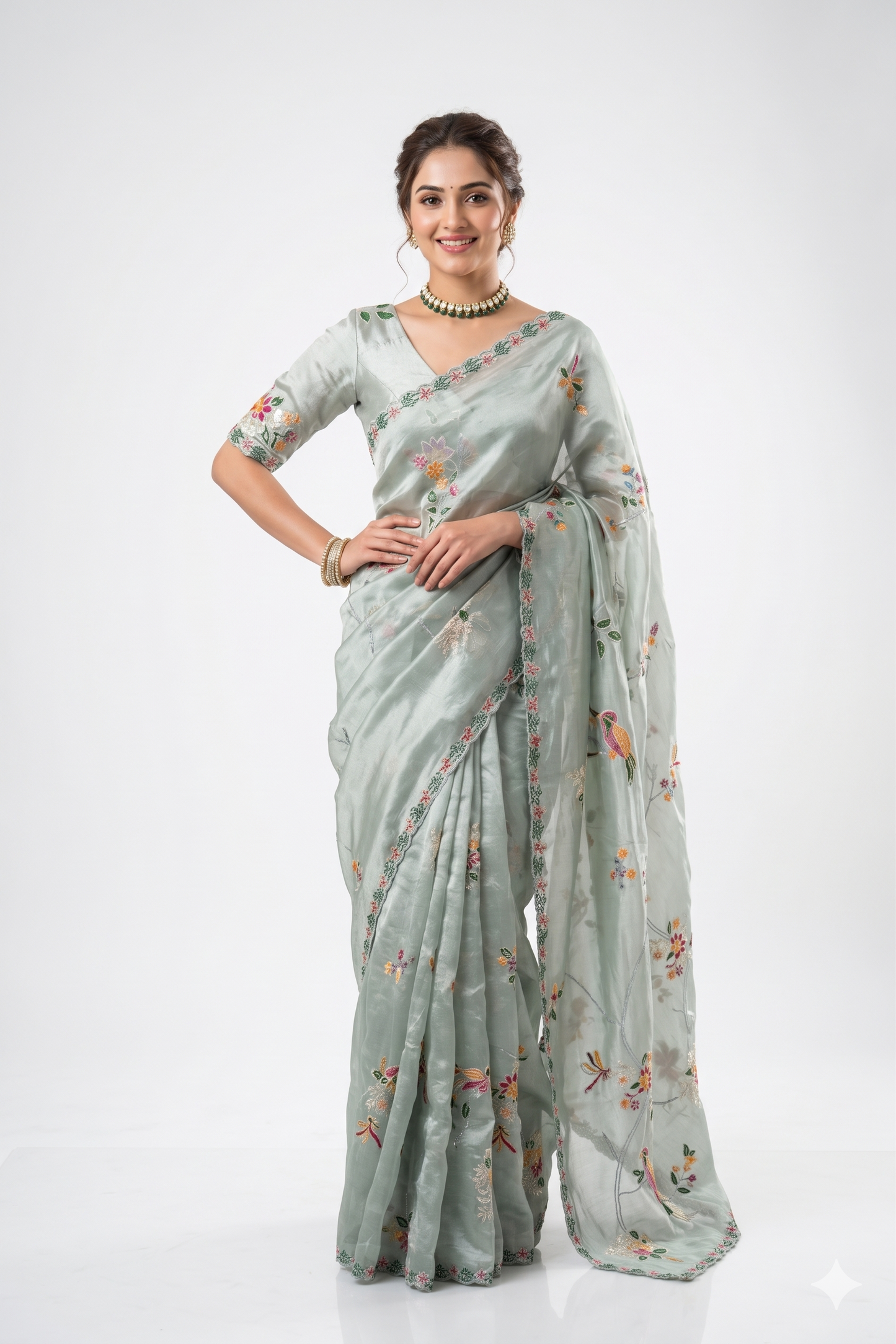 Greyish Blue Tissue With Aari Work Saree, With Unstiched Blouse