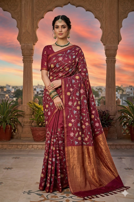 Deep maroon tussar saree with resham embroidery for party wear, includes an unstiched blouse, by Saarang Sarees.