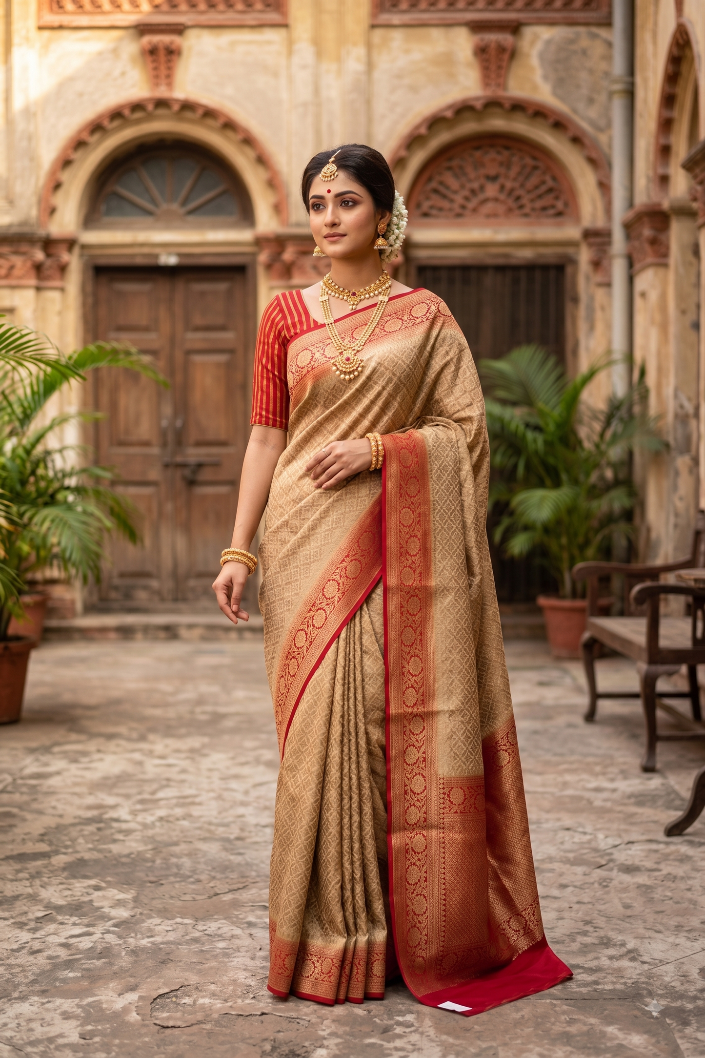 Beige Brocade Kora Banarasi Silk Saree, With Unstiched Blouse