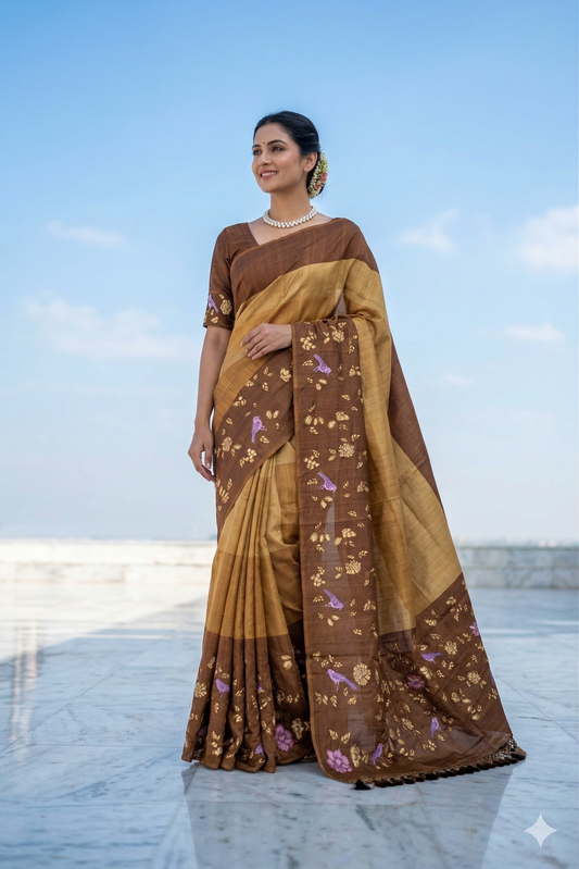 Brownish yellow Tussar Resham embroidery saree with matching unstiched blouse, traditional wear from Saarang Sarees.