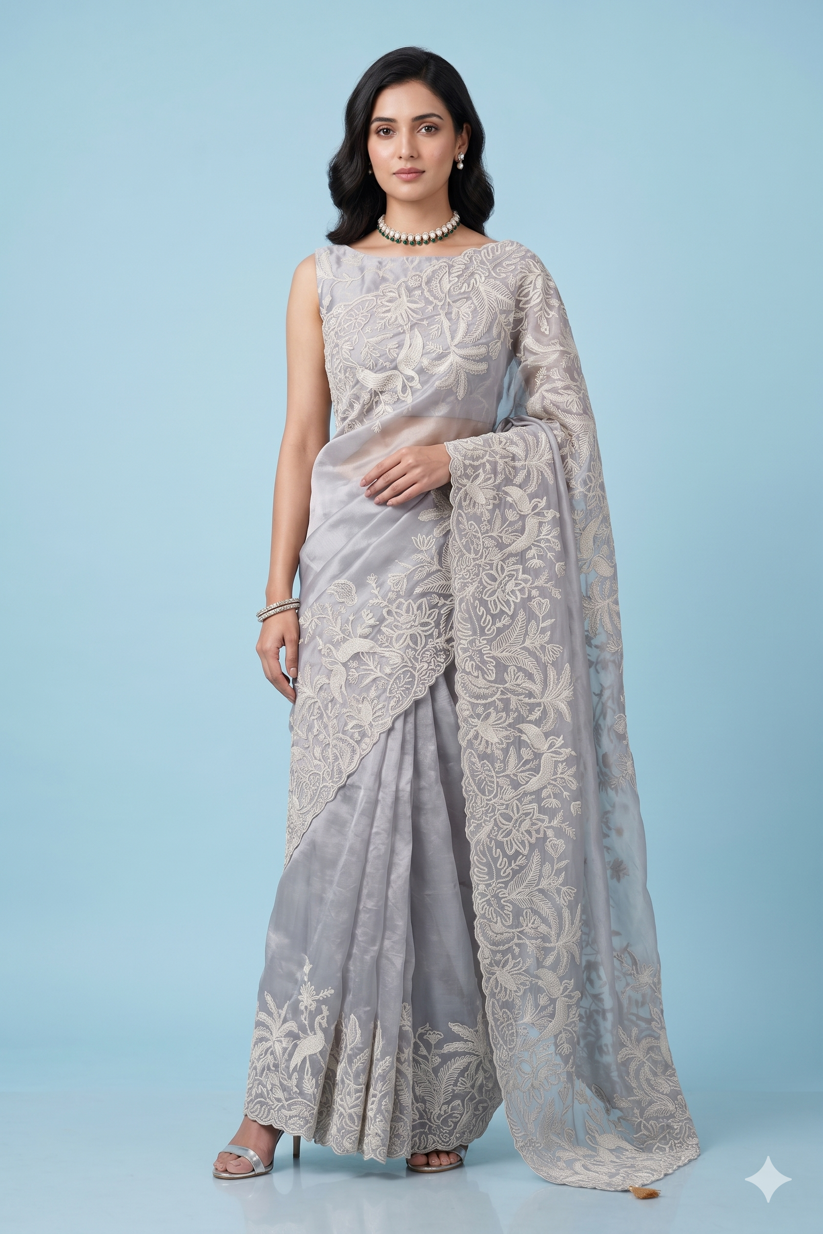 Grey organza silk embroidery saree with unstiched blouse, perfect for party wear, by Saarang Sarees