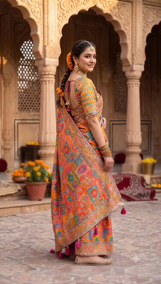 Multi Cocktail Satin Crepe Saree, With Unstiched Blouse