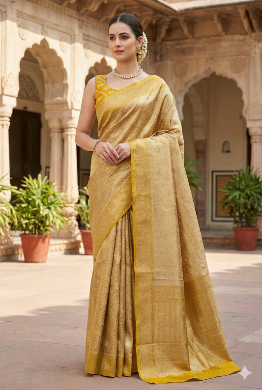 Mustard Yellow Brocade Chanderi Silk With Unstiched Blouse