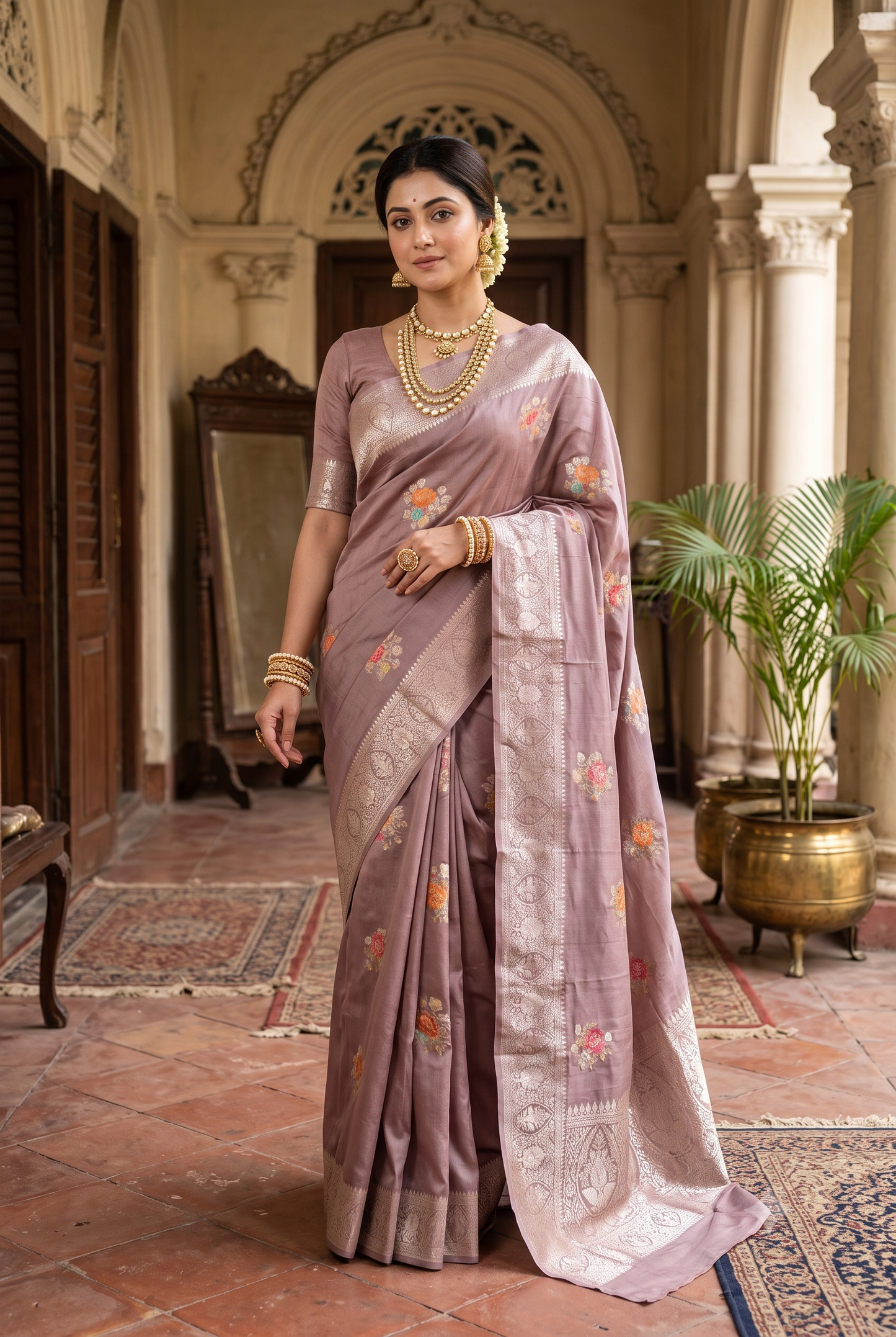 Mauve Chiniya Silk Saree Hand Woven Butas, With Unstiched Blouse