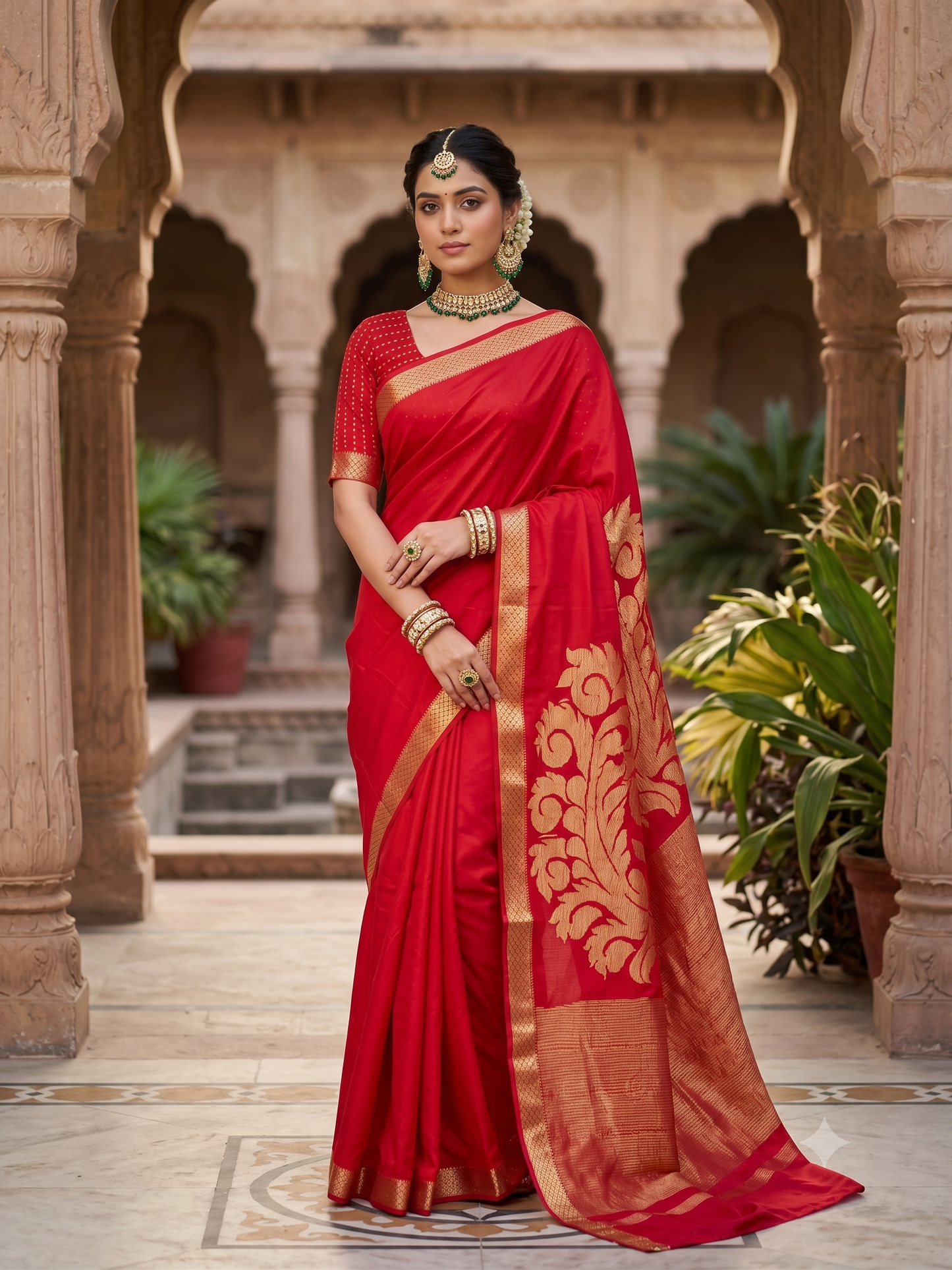 Red Mysore Crepe Silk Banarasi Saree, With Unstiched Blouse