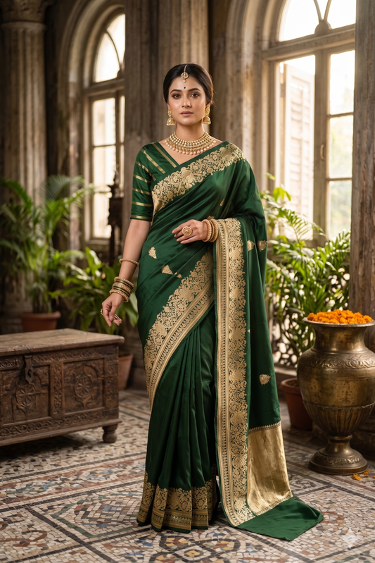 Bottle Green Mashru Silk Banarasi Handloom Saree, With Unstiched Blouse
