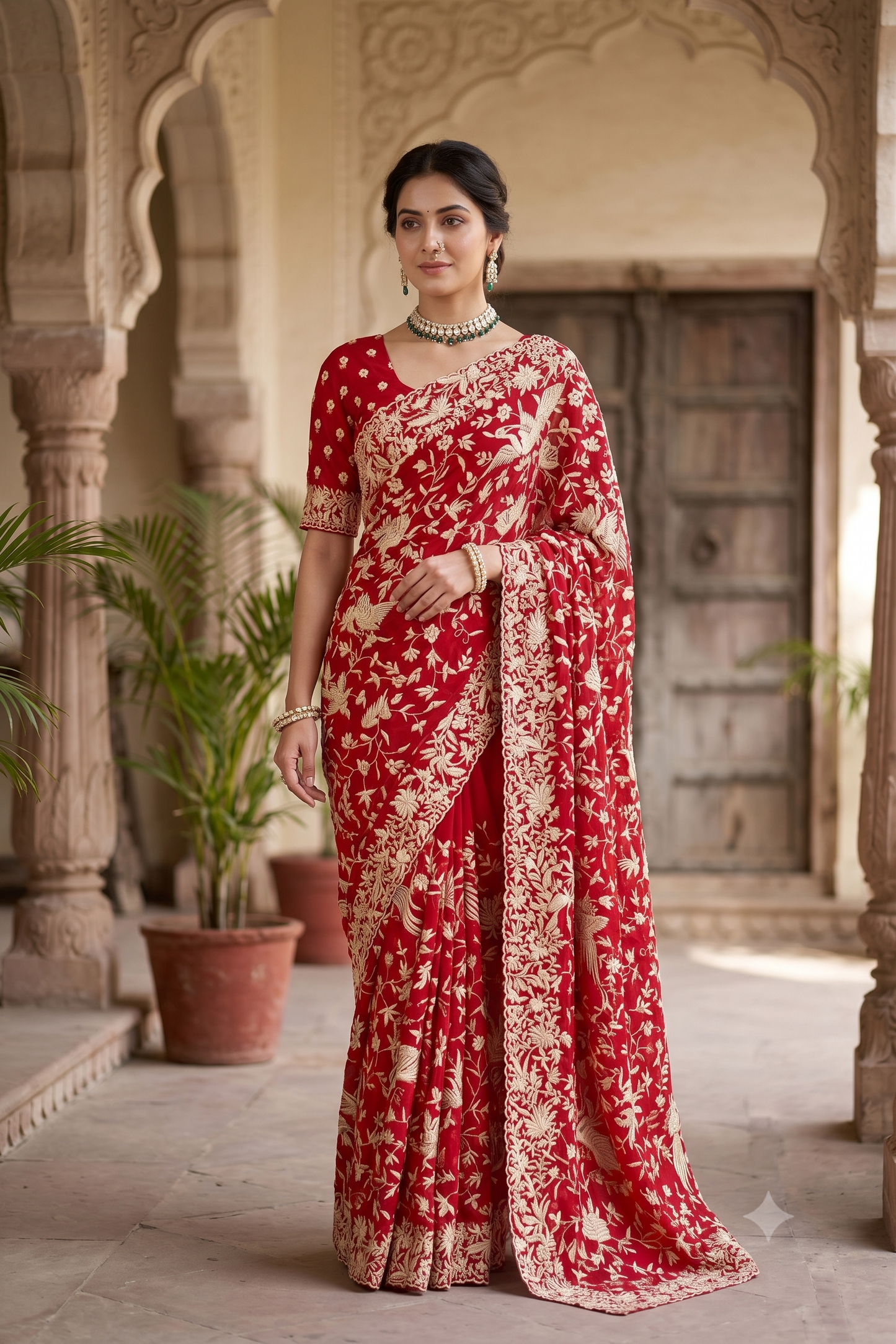 Red Georgette Saree With Parsi Work, With Unstiched Blouse
