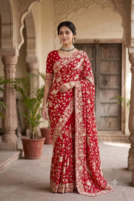 Red Georgette Saree With Parsi Work, With Unstiched Blouse