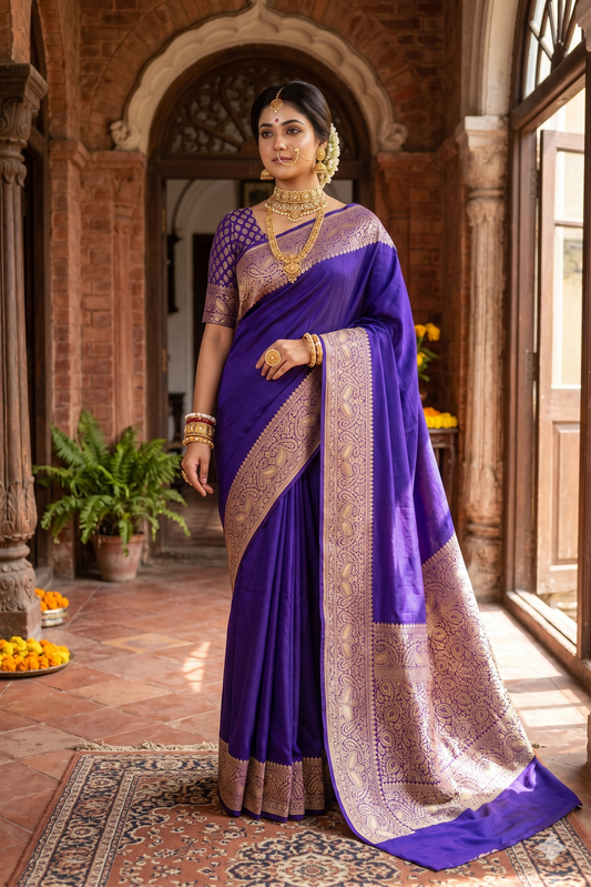 Purple Mysore Crepe Silk Banarasi saree with intricate gold zari work and unstiched blouse, traditional wear by Saarang Sarees.