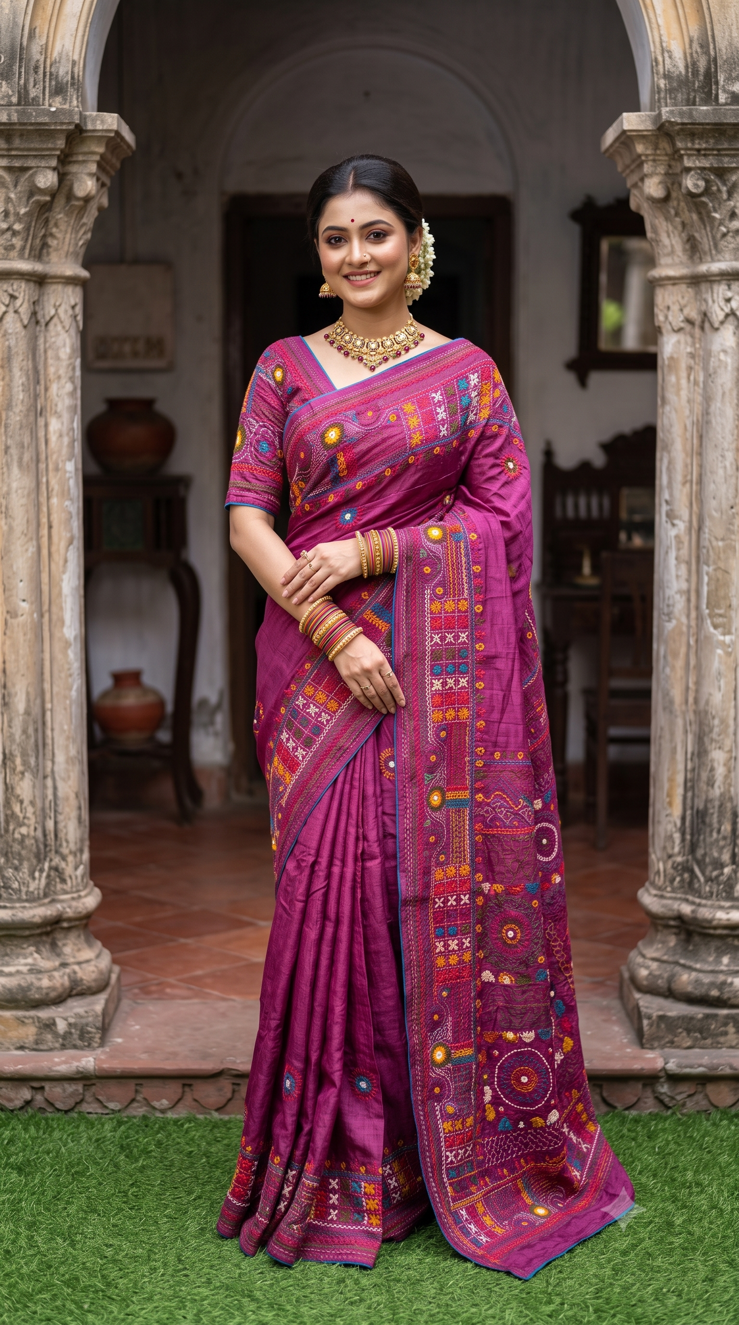 Deep Purple Tussar Hand Embroidery Work Saree, With Unstitched Blouse