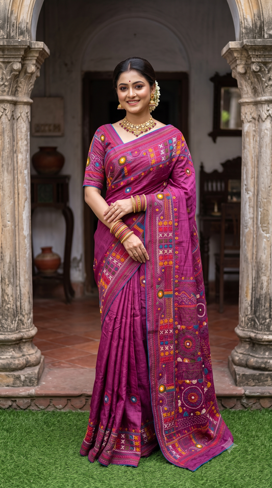 Deep Purple Tussar Hand Embroidery Work Saree, With Unstitched Blouse