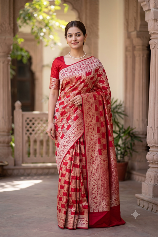 Red Uppada Banarasi Silk Saree, With Unstiched Blouse