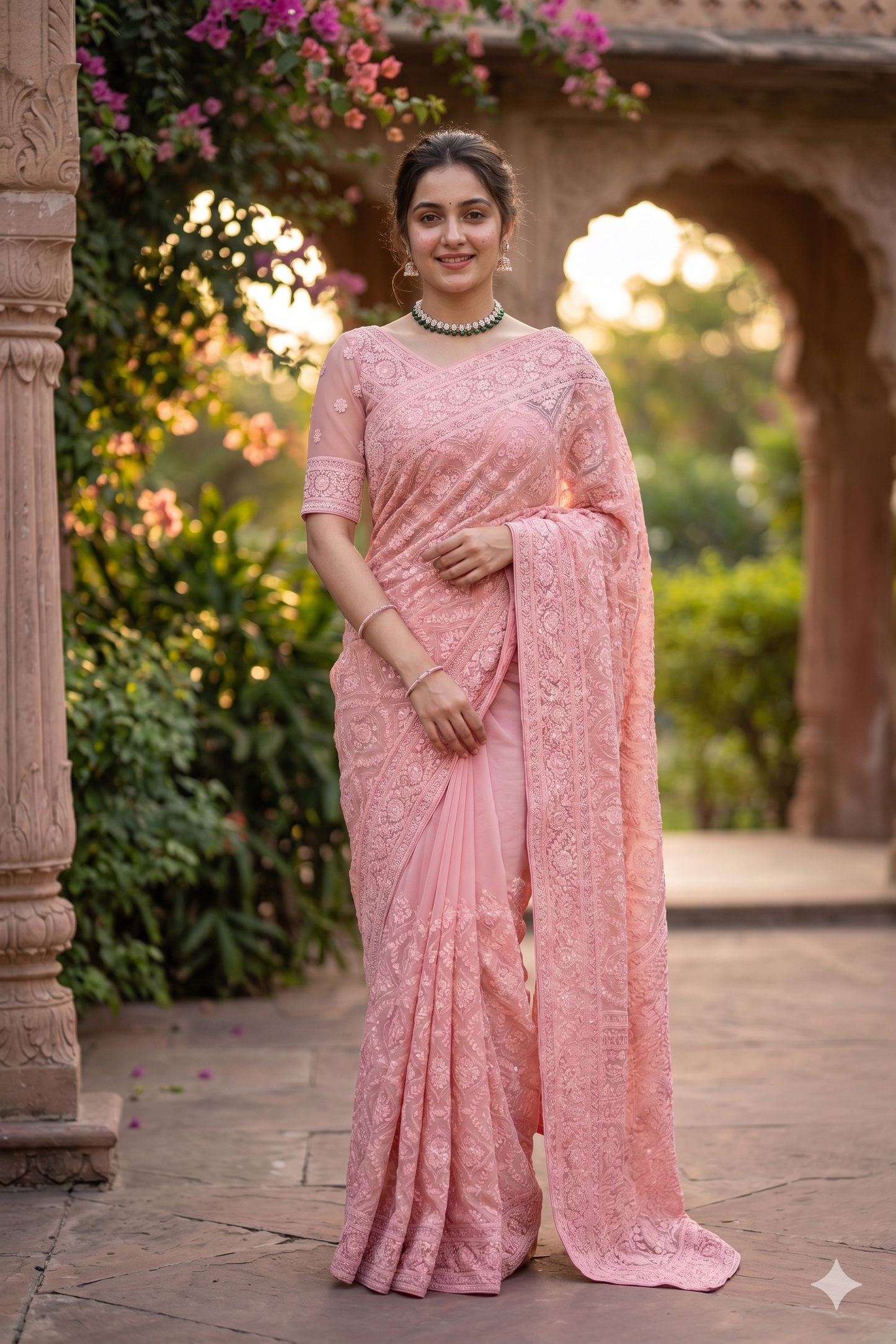 Baby Pink Blue Georgette Chikankari Saree, With Unstiched Blouse