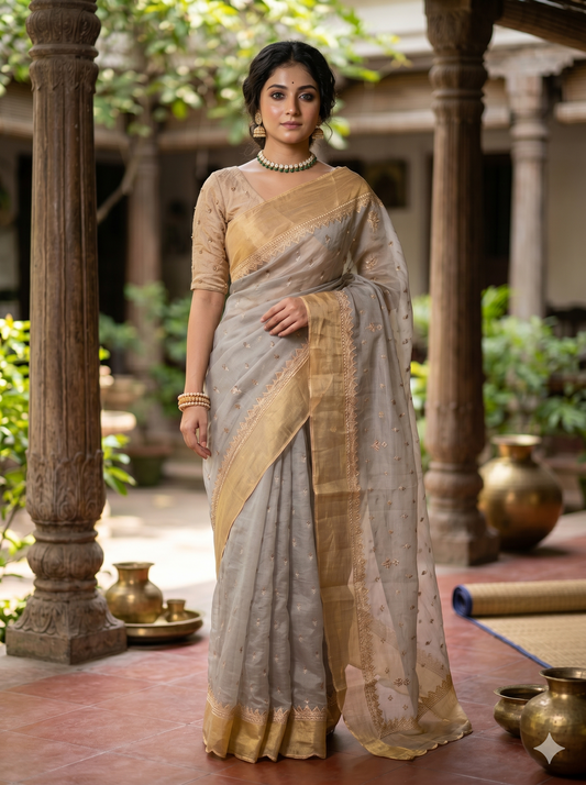Grey organza silk embroidery saree with unstiched blouse, party wear from Saarang Sarees featuring intricate embroidery details.