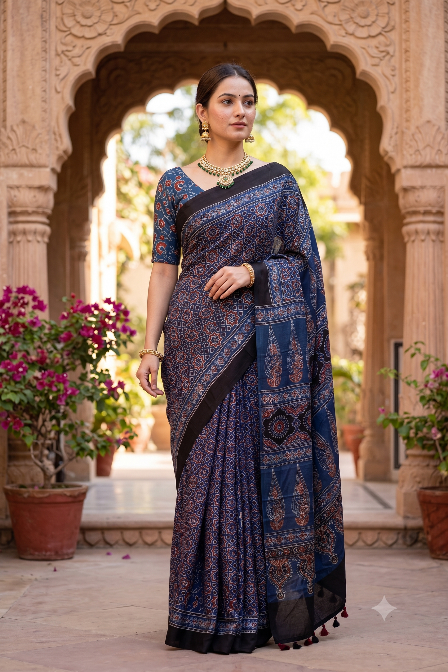 Deep Blue Pure Modal Silk Ajrakh Printed Saree With Unstiched Blouse