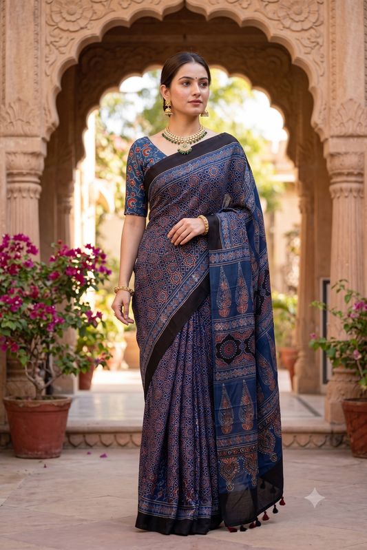 Deep Blue Pure Modal Silk Ajrakh Printed Saree With Unstiched Blouse