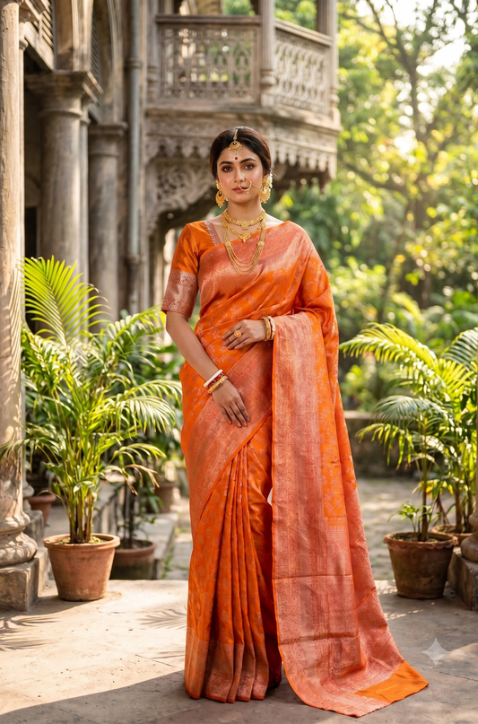 Saffron Pure Kanjeevaram Silk Saree, With Unstiched Blouse
