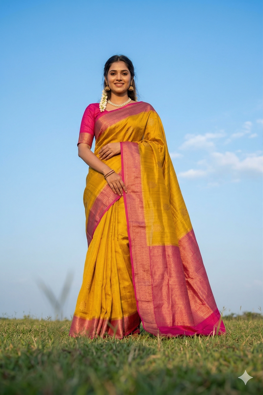 Mustard yellow Tussar Banarasi silk saree with handwoven motifs and unstiched blouse, traditional wear by Saarang Sarees