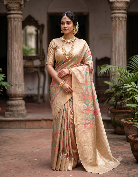 Golden Beige Kadiyal Banarasi Rangkat Design Saree, With Unstiched Blouse