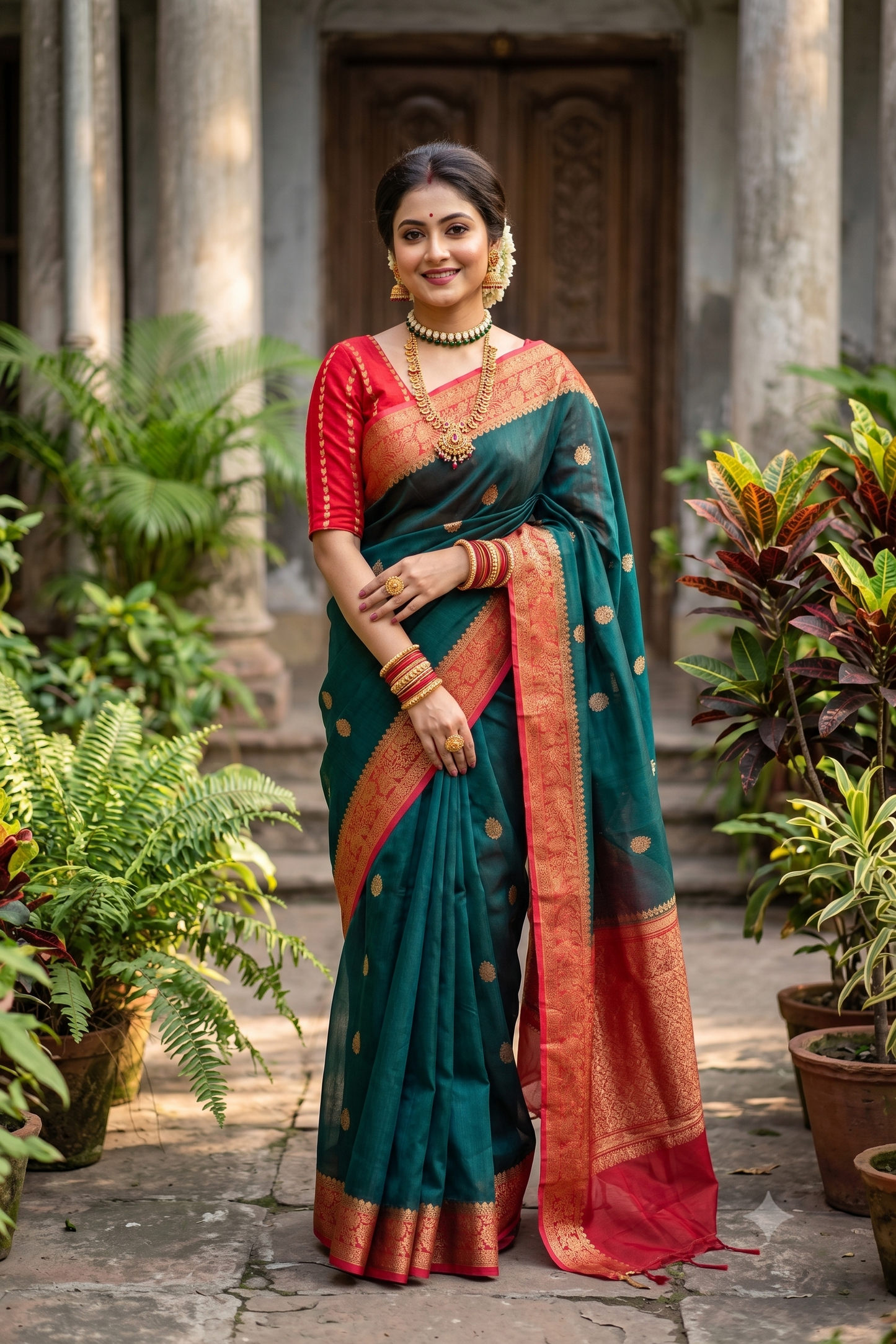 Bottle Green Kora Banarasi Silk Saree, With Unstiched Blouse