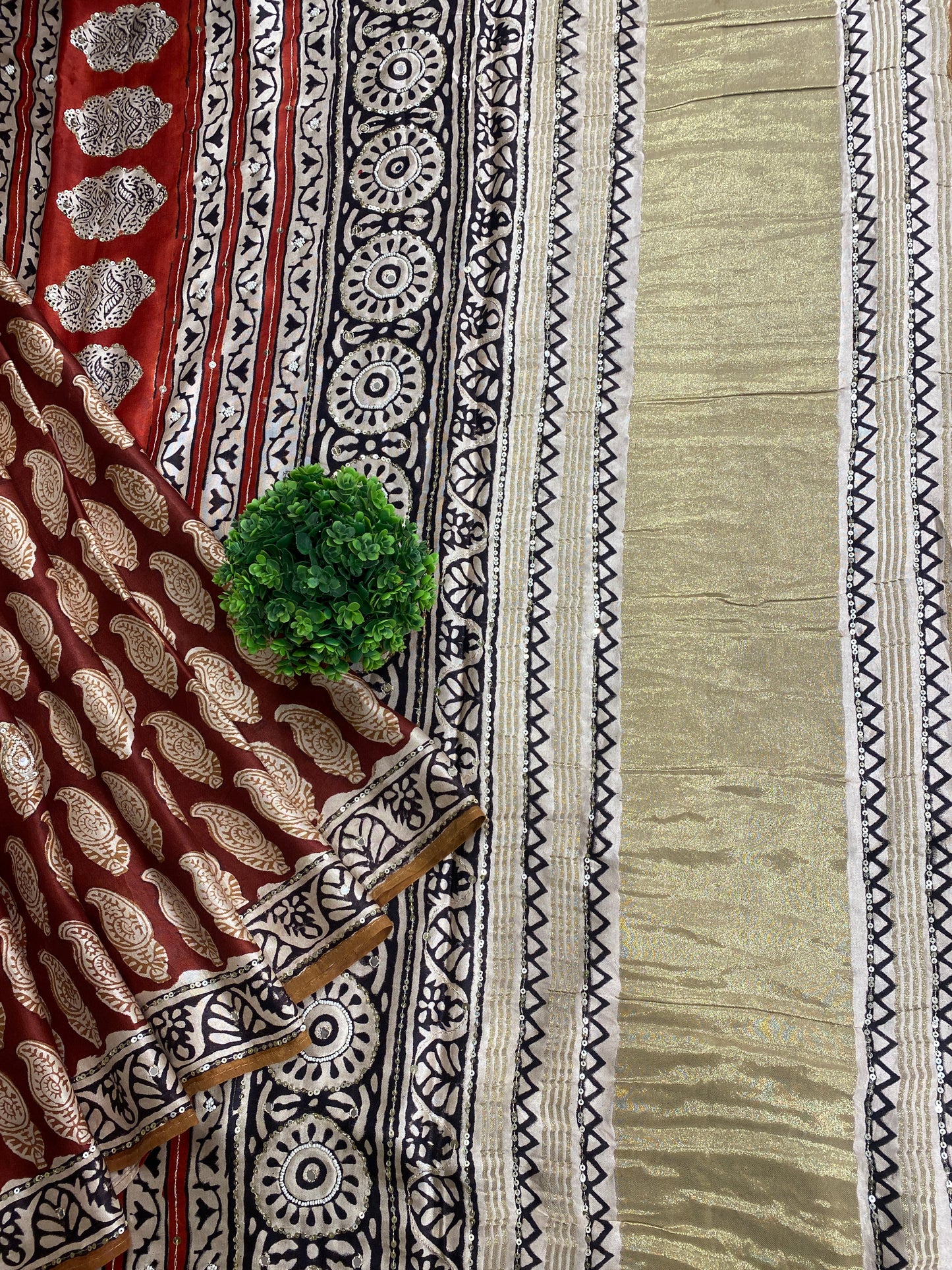 Maroon Pure Modal Silk Ajrakh Printed Saree With Unstiched Blouse