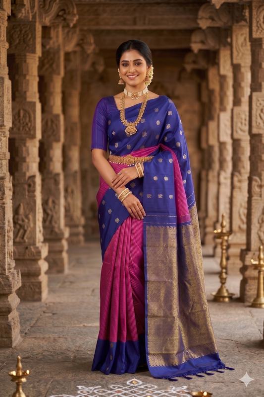Navy blue pure Kanjeevaram silk saree from Saarang Sarees with intricate traditional patterns and an unstiched matching blouse.