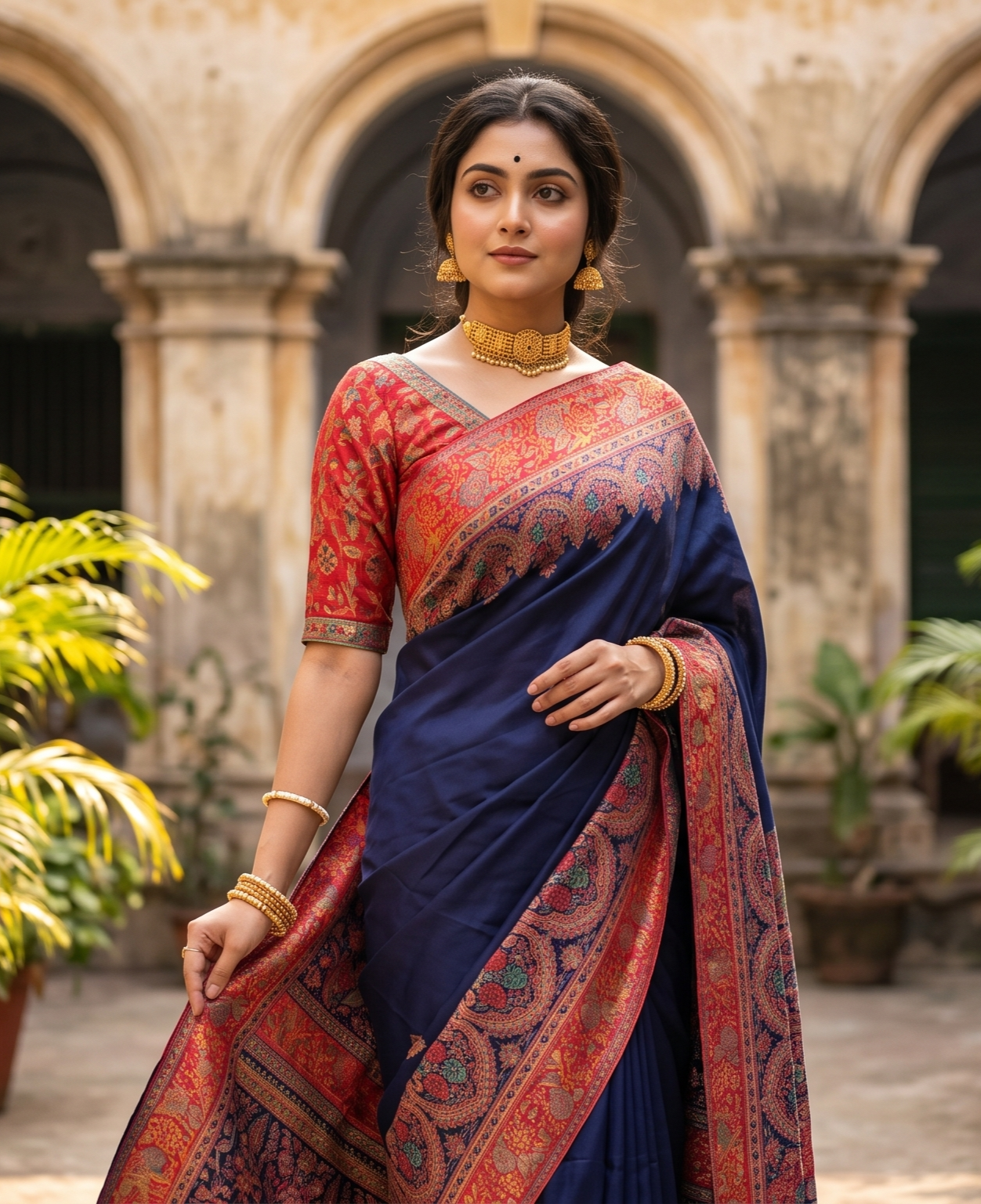 Navy Blue Pure Kani Handloom Silk Saree With Unstiched Jamewar Woven Blouse