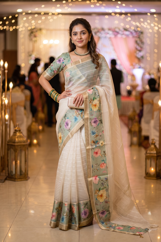 Off-White Organza Resham printed party wear saree with unstiched blouse from Saarang Sarees, featuring intricate embroidery and elegant design.