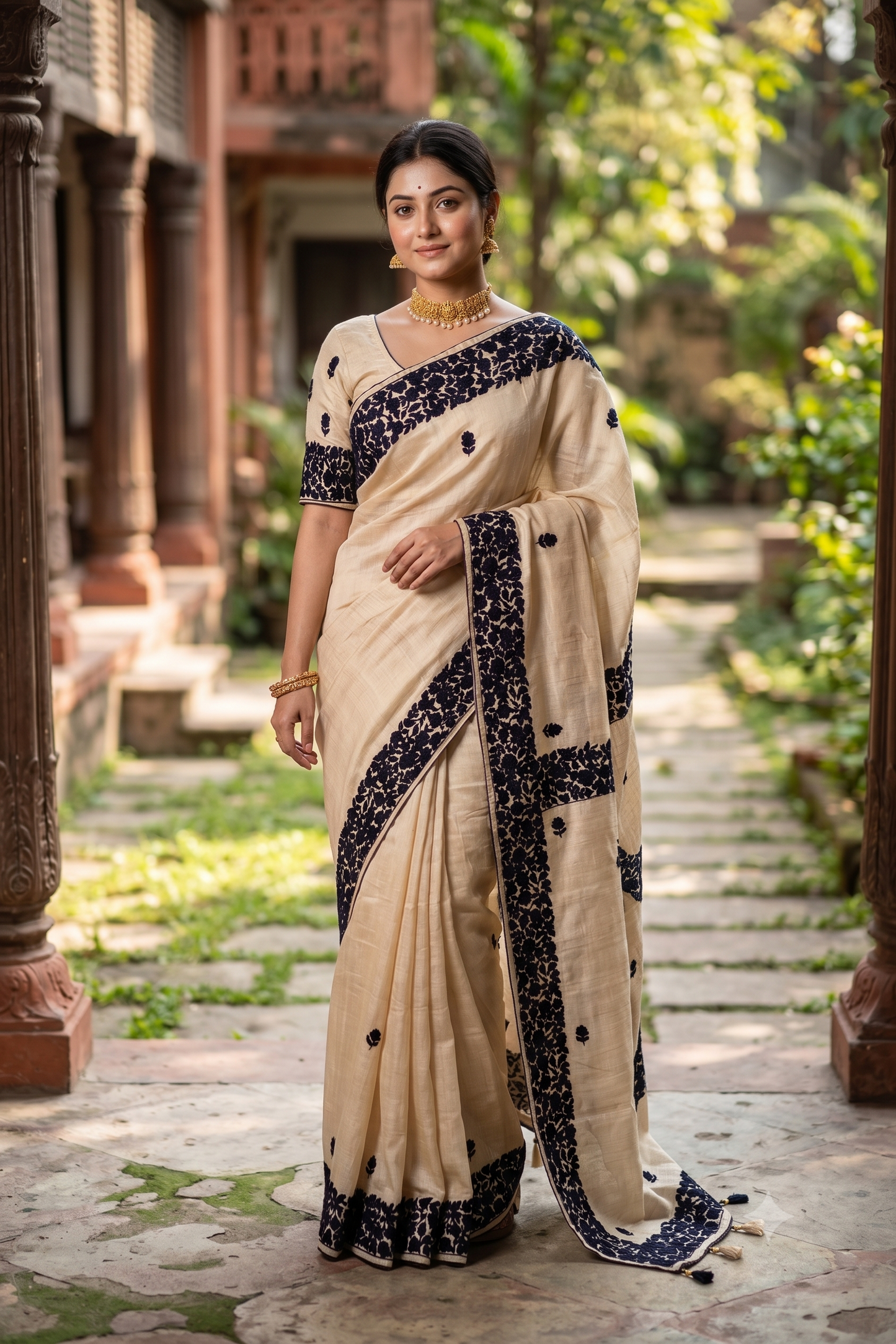 Off-White Tussar Hand Parsi Work Saree, With Unstiched Blouse