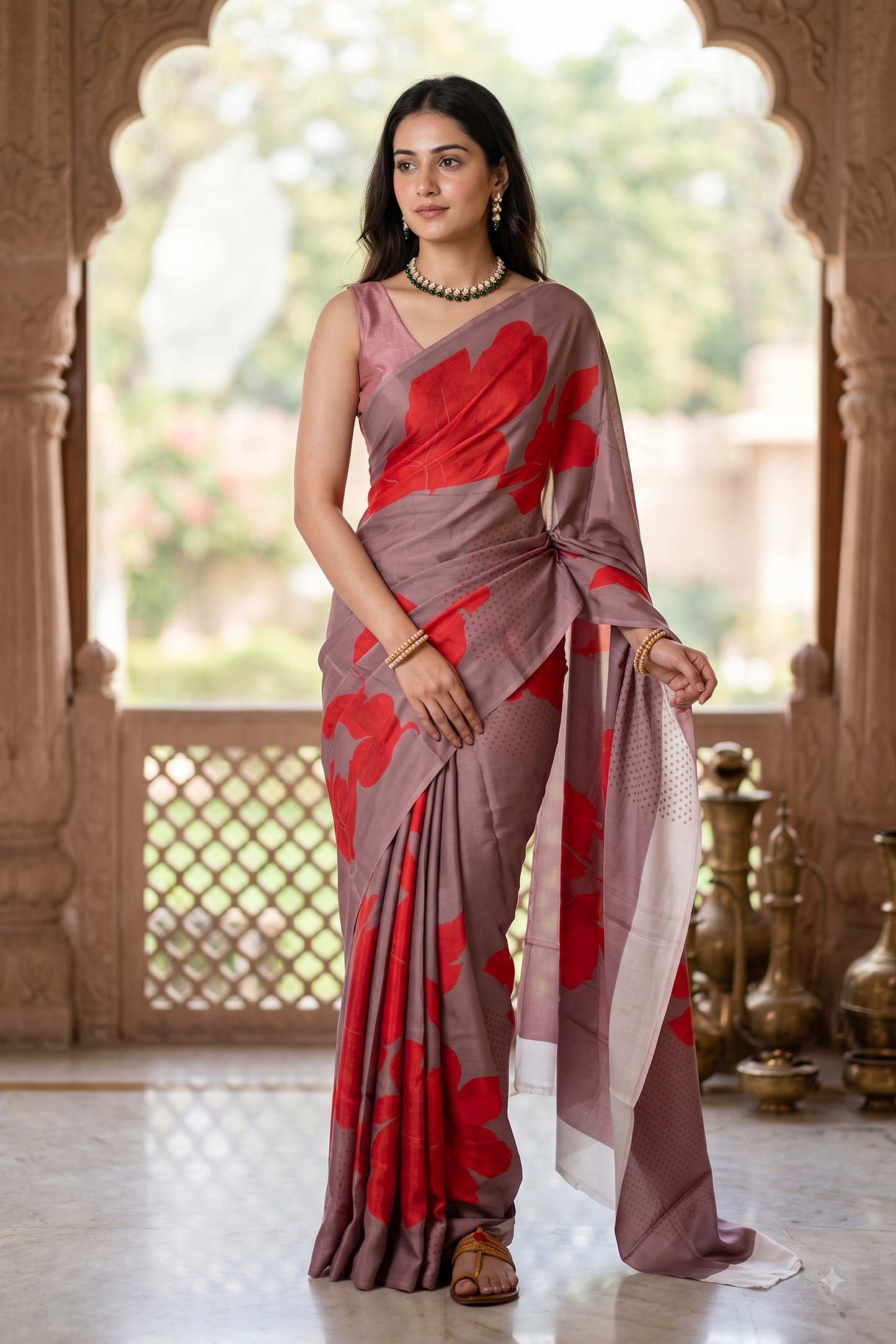 Dusty Rose Floral Printed Satin Crepe Saree, With Unstiched Blouse