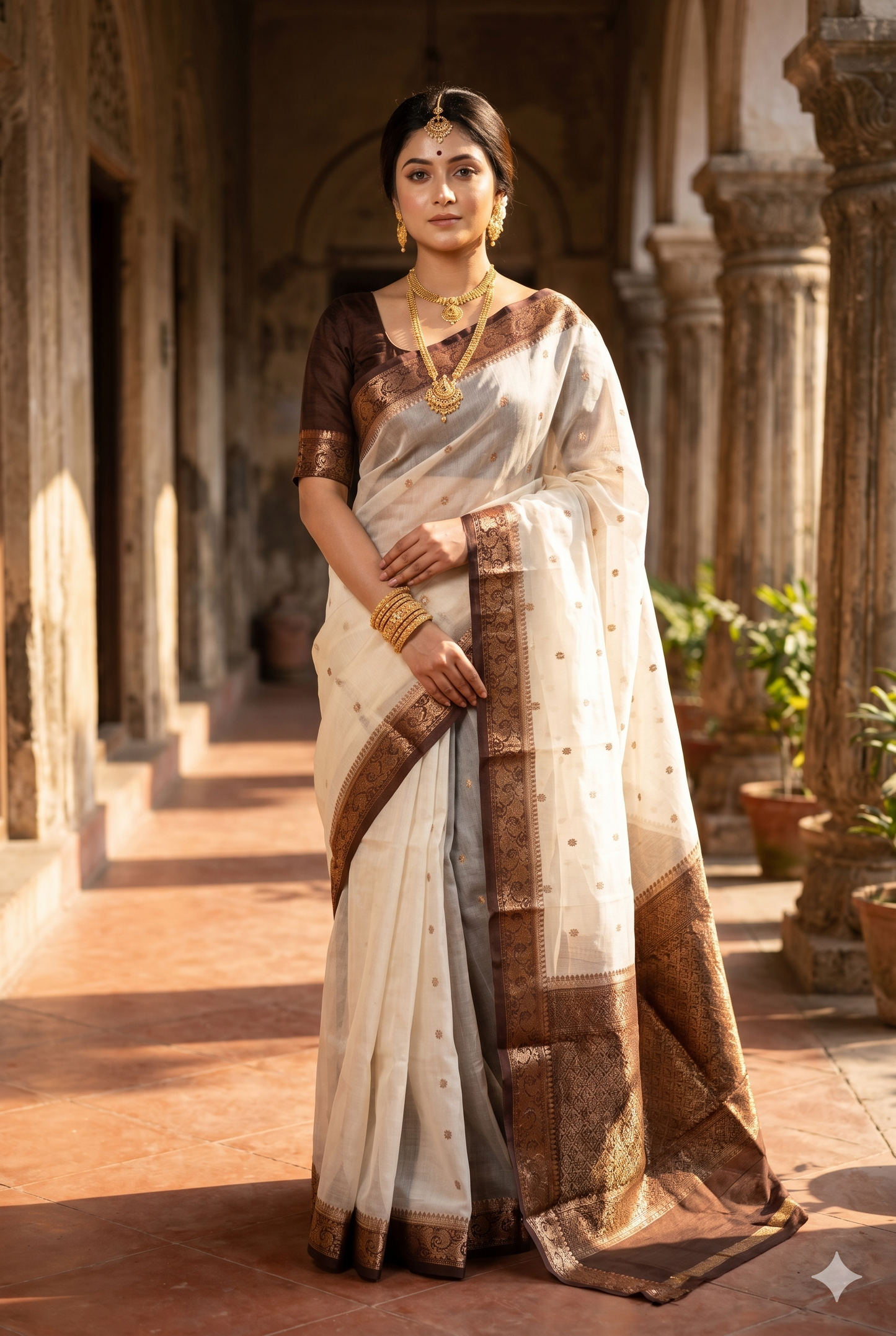 Off-White Kora Banarasi silk saree with intricate hand weaving work and unstiched blouse from Saarang Sarees, traditional wear.