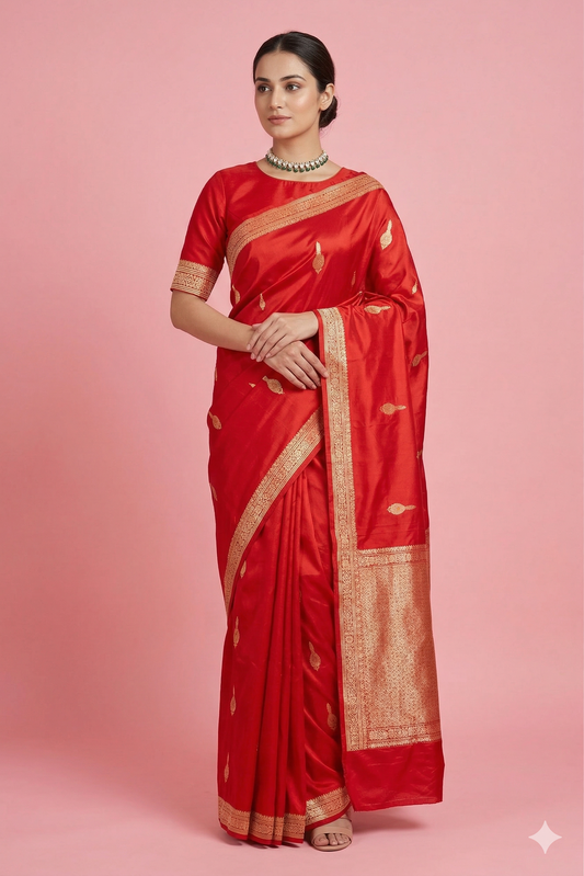 Red Katan Mashru Silk Banarasi Handloom Saree, With Unstiched Blouse