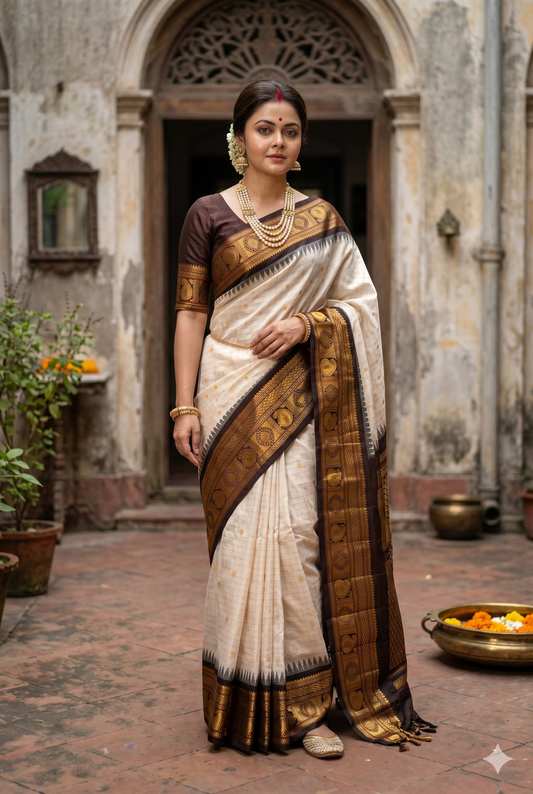 Off-White Gadwal silk saree with intricate designs and unstiched blouse, traditional wear by Saarang Sarees.