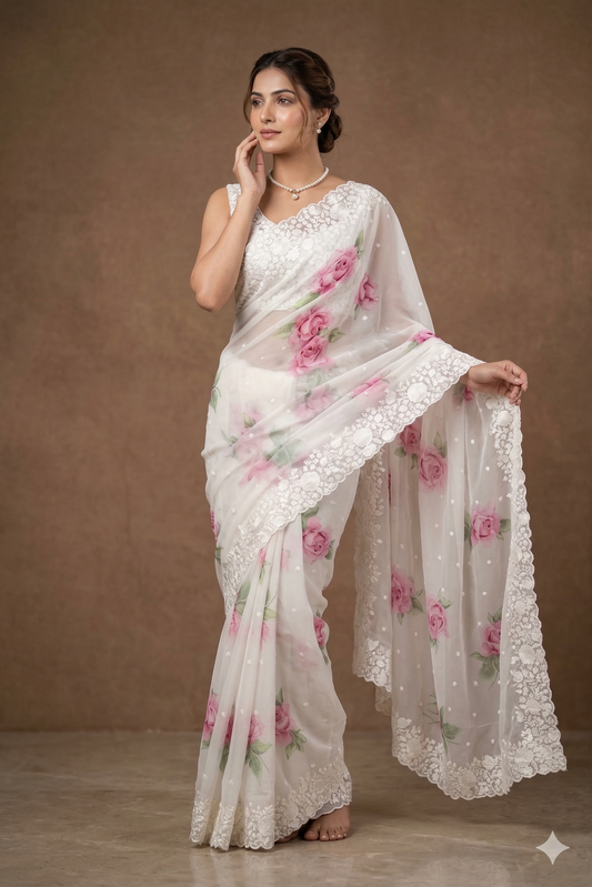 Off-White Printed Georgette Saree With Resham Embroidery Work, With Unstiched Blouse