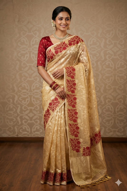 Beige Tissue Banarasi Silk Saree with Resham embroidery border, party wear, with unstiched blouse from Saarang Sarees