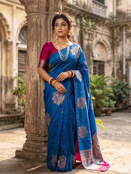 Indigo Blue Pure Raw Tussar Banarasi Silk Saree, Hand Woven Motifs With Unstiched Blouse