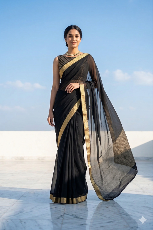 Black chiffon saree with zari border for party wear by Saarang Sarees, paired with an unstiched blouse, detailed fabric and elegant design.