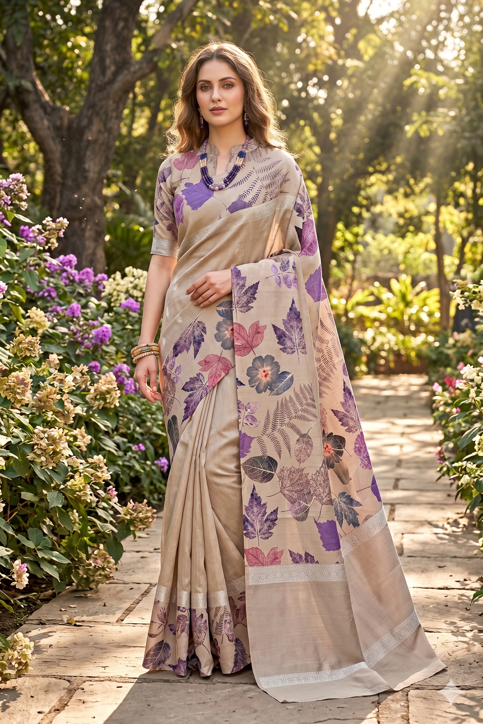Beige Tussar Banarasi saree with digital mashru border, traditional wear by Saarang Sarees, showcasing intricate embroidery and elegant design.