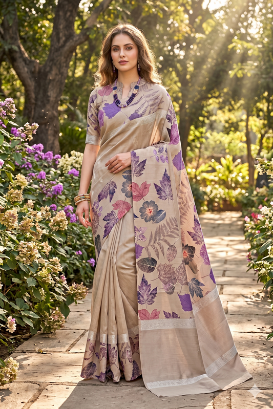 Beige Tussar Banarasi saree with digital mashru border, traditional wear by Saarang Sarees, showcasing intricate embroidery and elegant design.