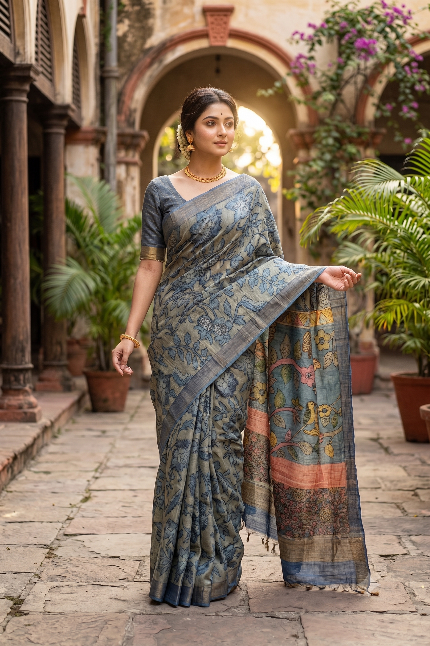 Grey Tussar Kalamkari Printed Work Saree, With Unstiched Blouse
