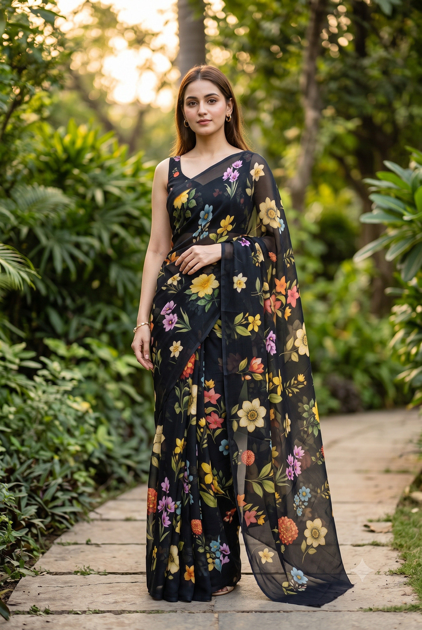 Black Floral Printed Chiffon Saree, With Unstiched Blouse Piece