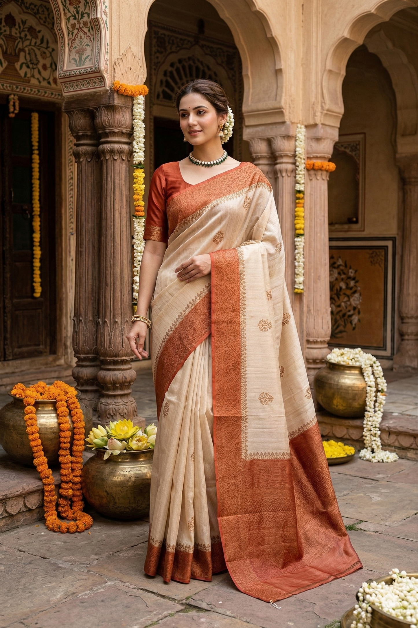 Offwhite Tussar Banarasi Silk Saree with handwoven motifs and unstiched blouse, traditional wear by Saarang Sarees.