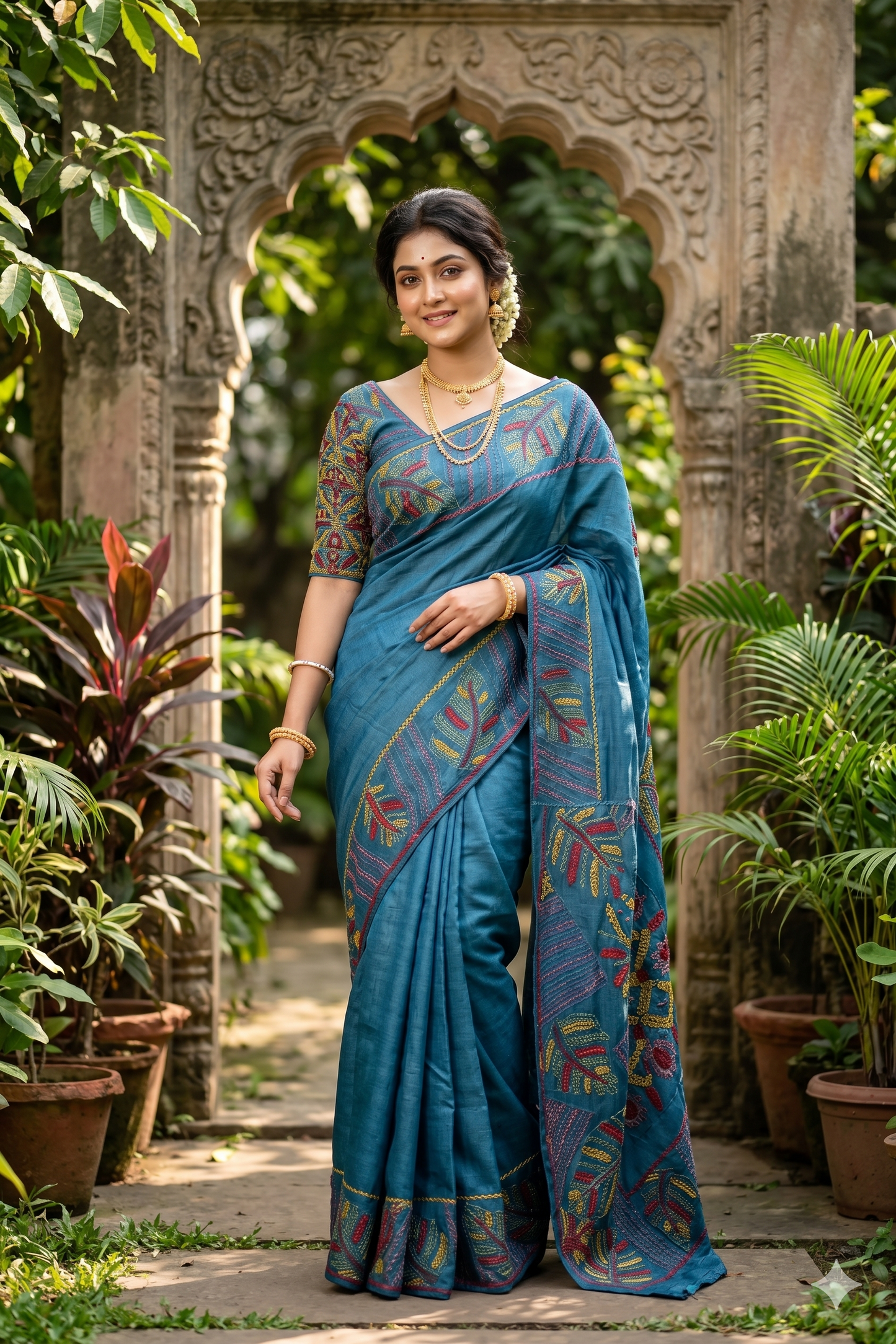 Royal Blue Tussar Embroidery Saree With Lambani Work Border, With Unstitched Blouse