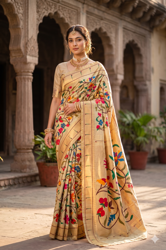 Beige Paithani silk saree from Saarang Sarees with intricate traditional designs and unstiched matching blouse.