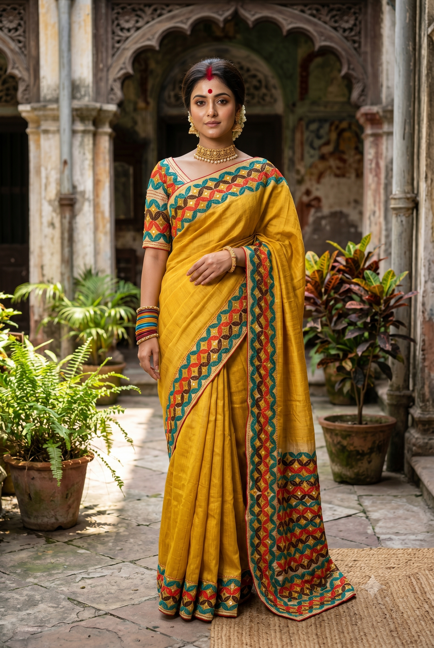 Mustard Yellow Tussar Embroidery Saree With Kathiawari Work Border, With Unstitched Blouse